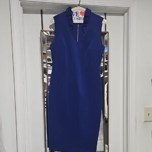 Calvin Klein Blue Ribbed Midi Dress V-Neck Sheath